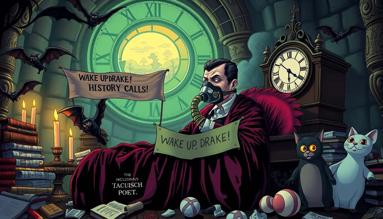 Insomniac vampire with cpap mask in haunted clocktower