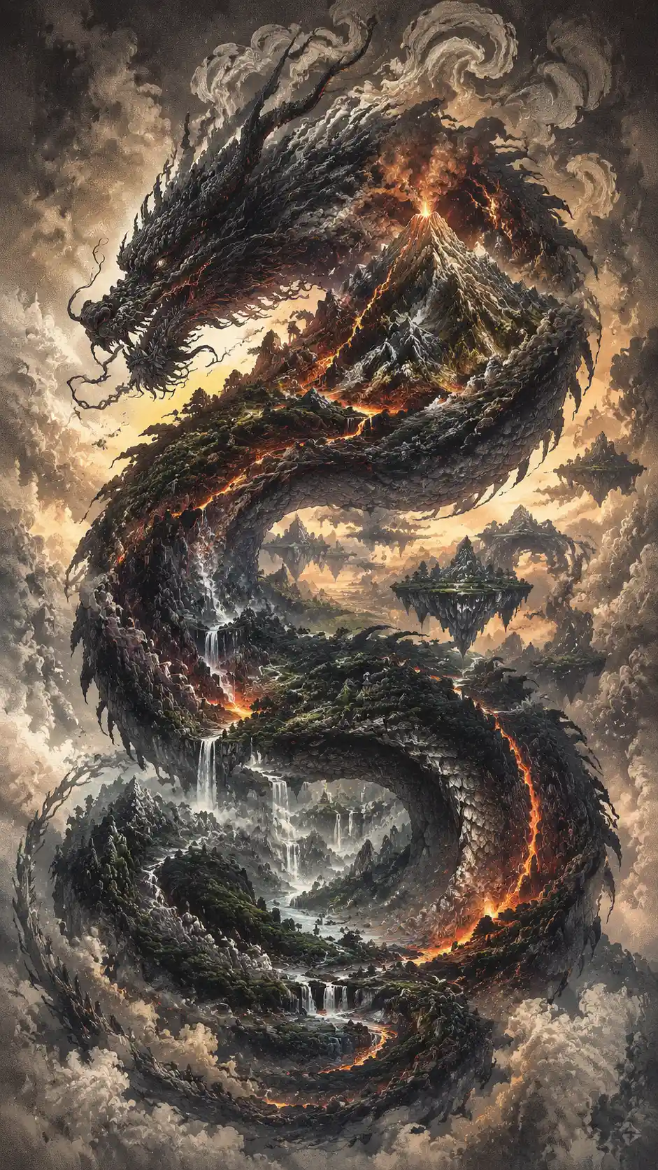 Silhueta de dragão serpentino com mundo vulcânico de fantasia