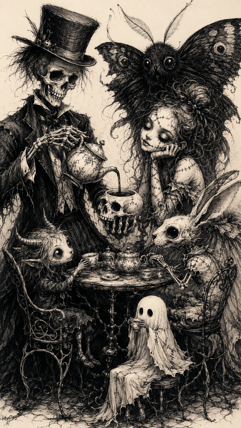 Gothic Creatures Sharing Tea Around A Crooked Table