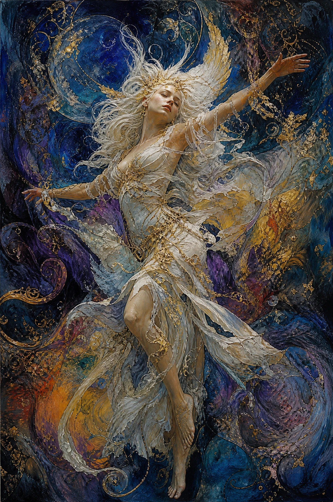 Mujer angelical bailando en remolinos azules en una pintura al óleo surrealista