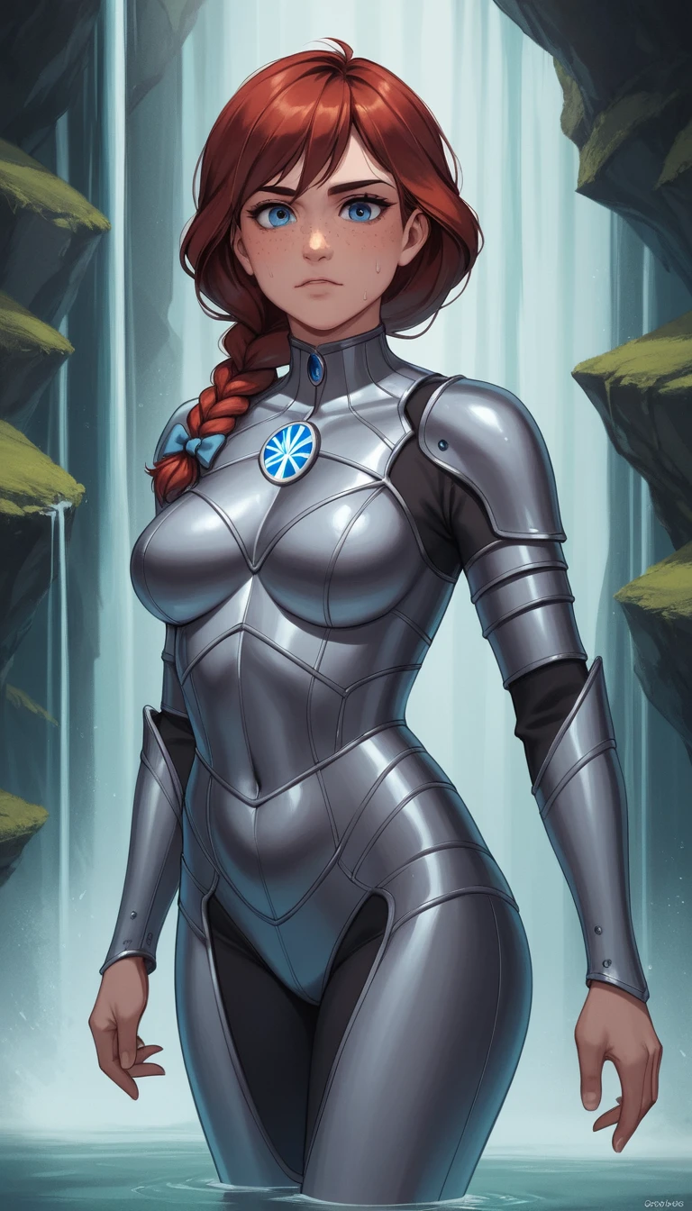 Heroína de anime seductora con armadura metálica medieval futurista