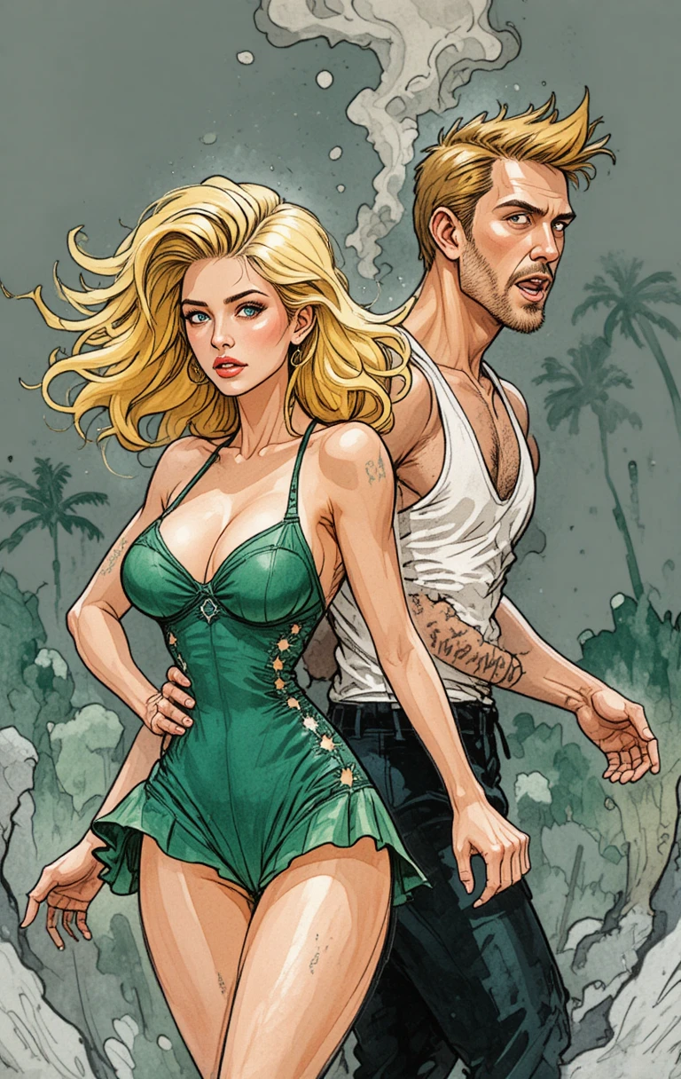 Pareja de cómic huyendo en una tensa escena de caricatura a ras de suelo