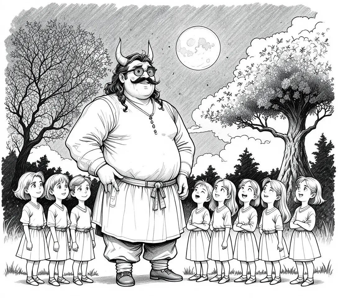 Uomo alto con bambini sotto un albero magico al chiaro di luna