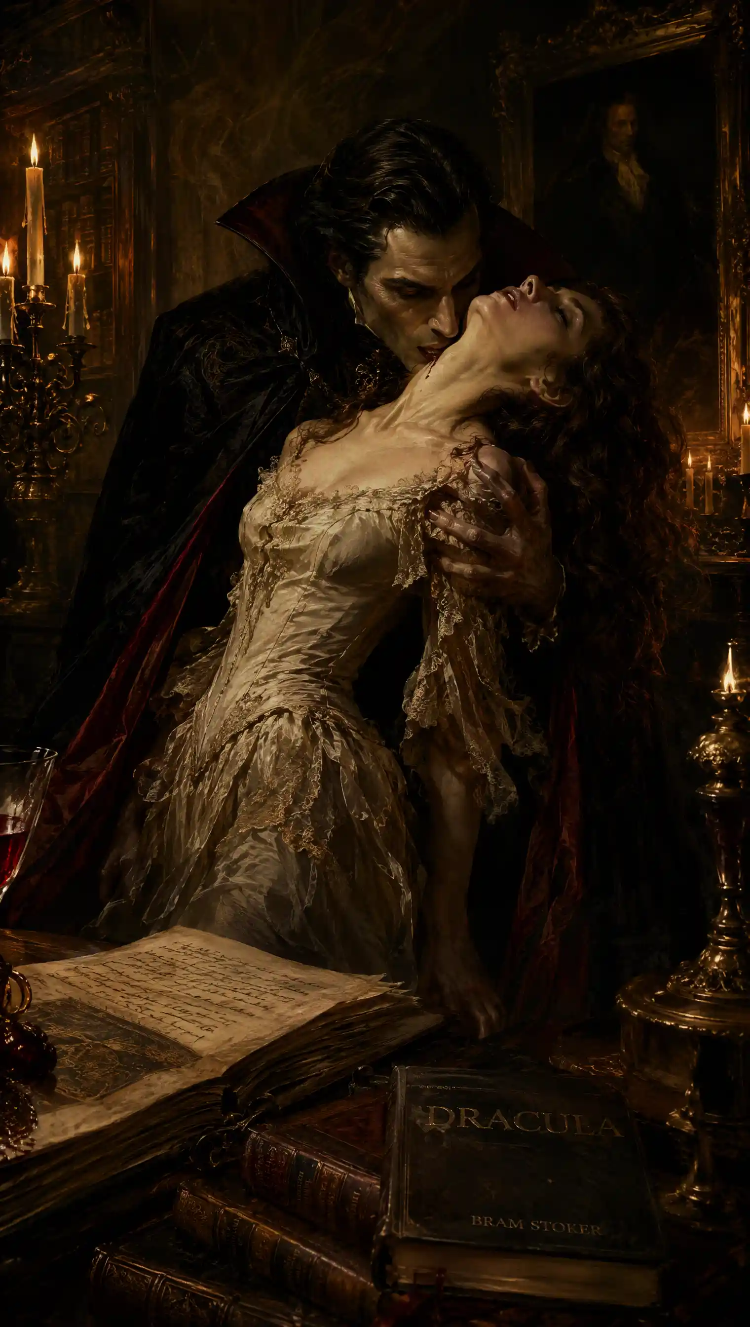 Vampire in a candlelit gothic library oil painting