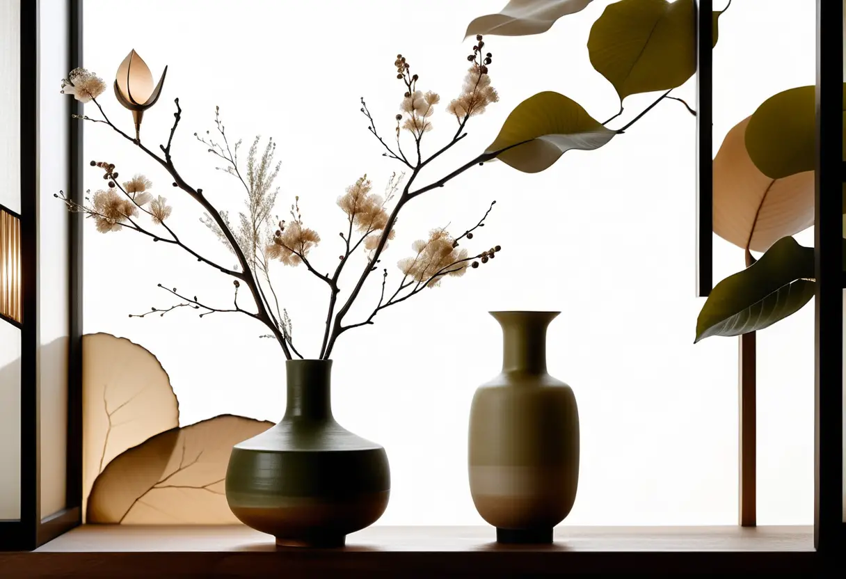 Interior Japandi sereno con cerámicas y suave luz natural