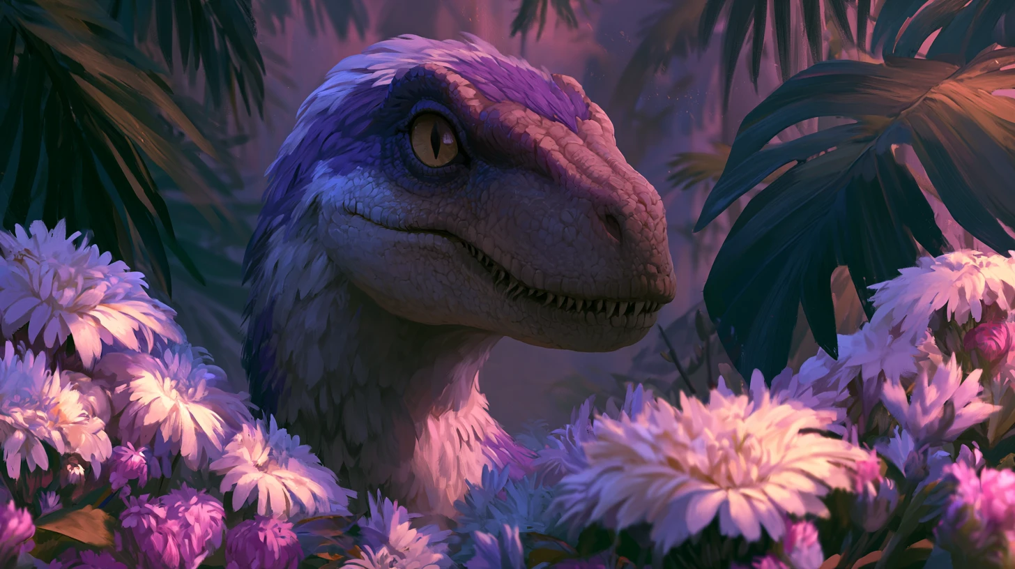 Feathered velociraptor hiding among jungle flowers at dusk