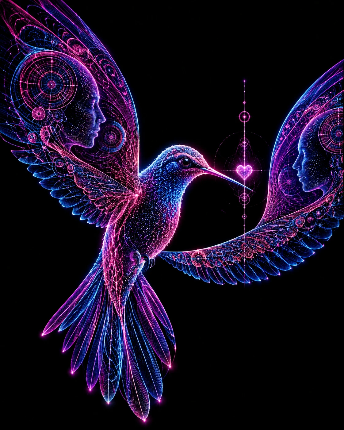 Neon hummingbird with human profiles and glowing heart