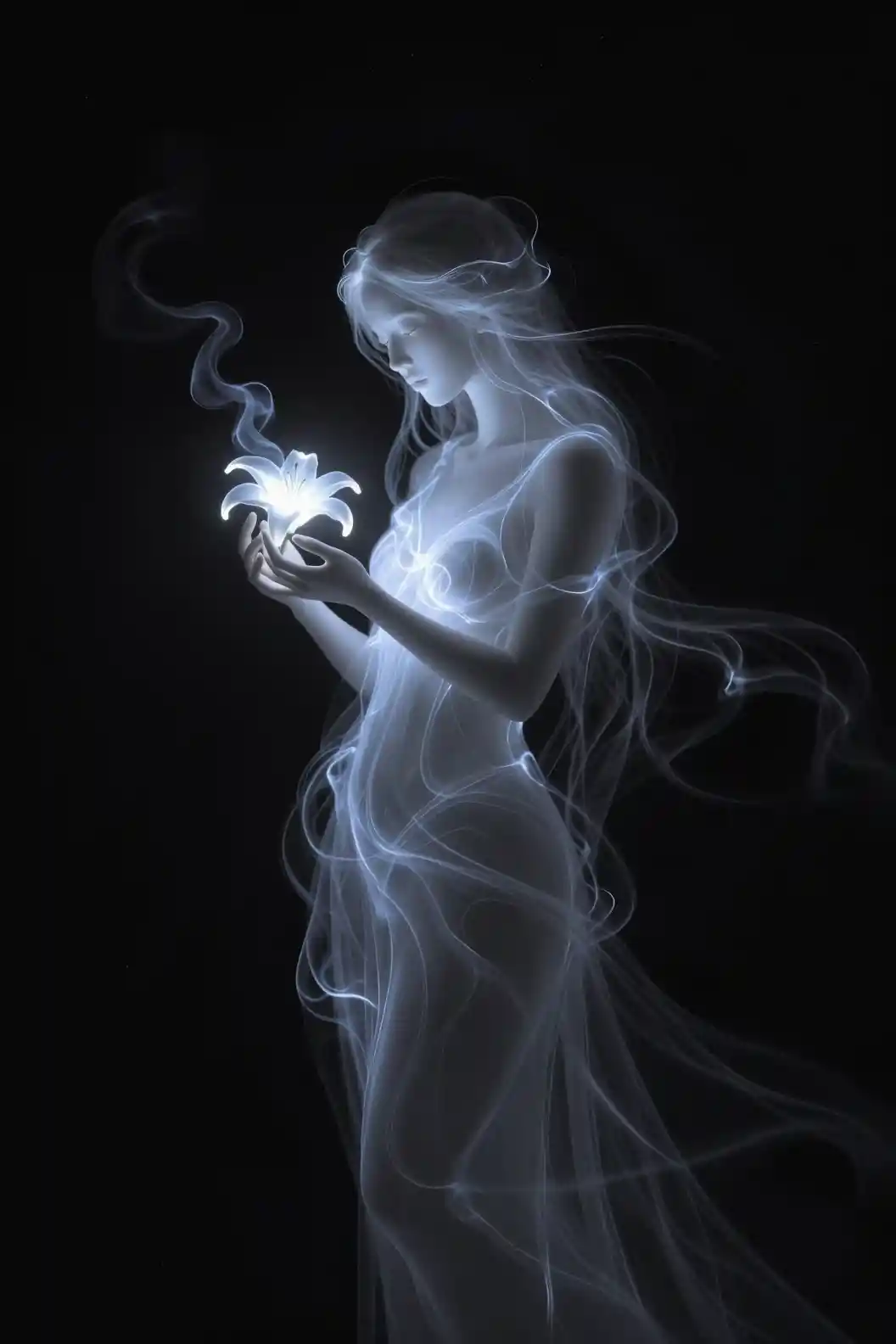 Ethereal Goddess Of Starlight Holding A Glowing Lily