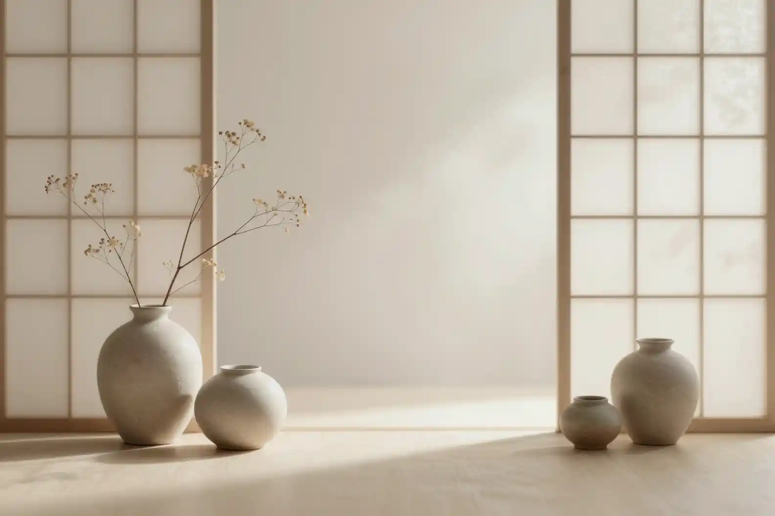 Bodegón sereno Japandi con cerámicas y suave luz de la mañana