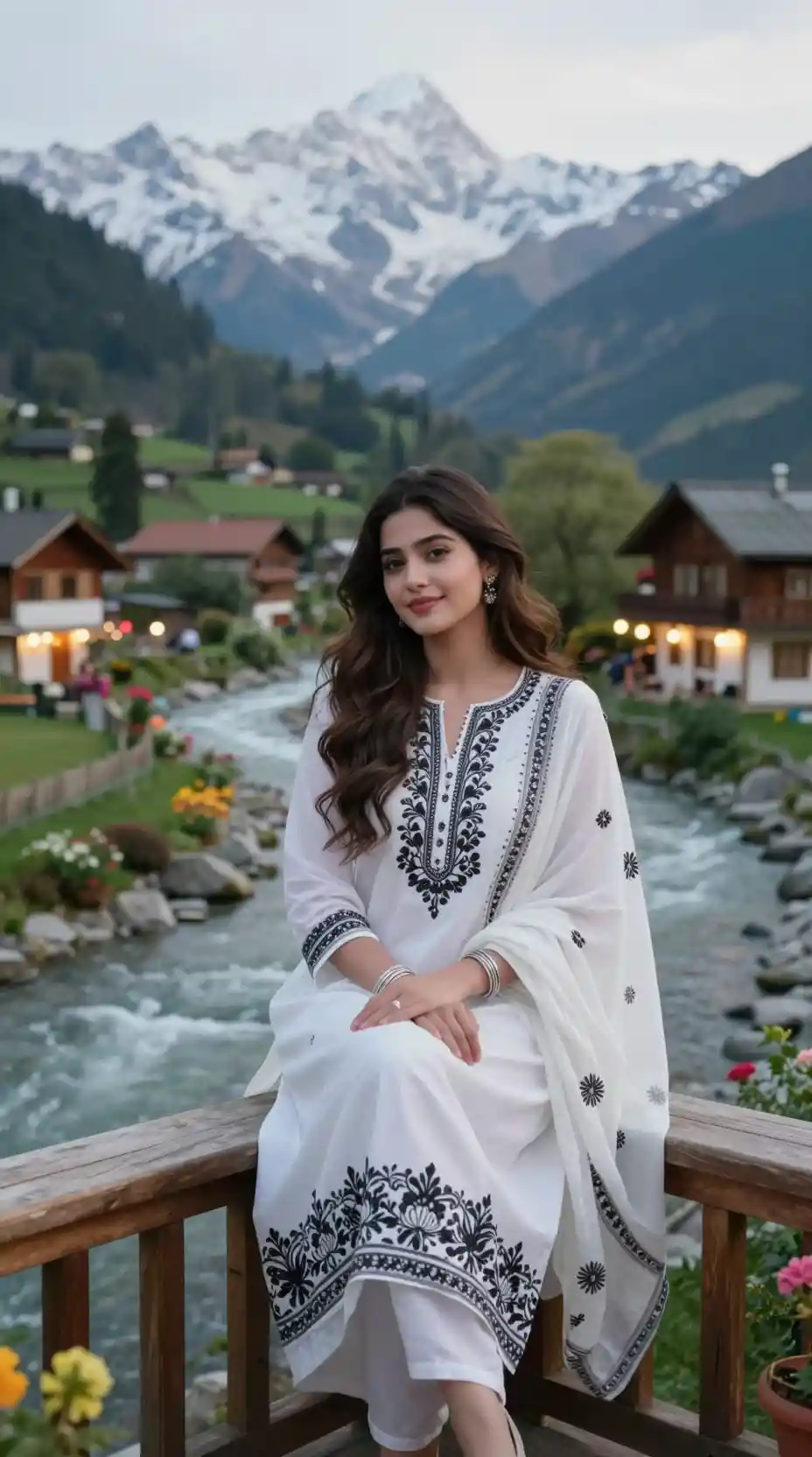 Young woman on wooden balcony by mountain river