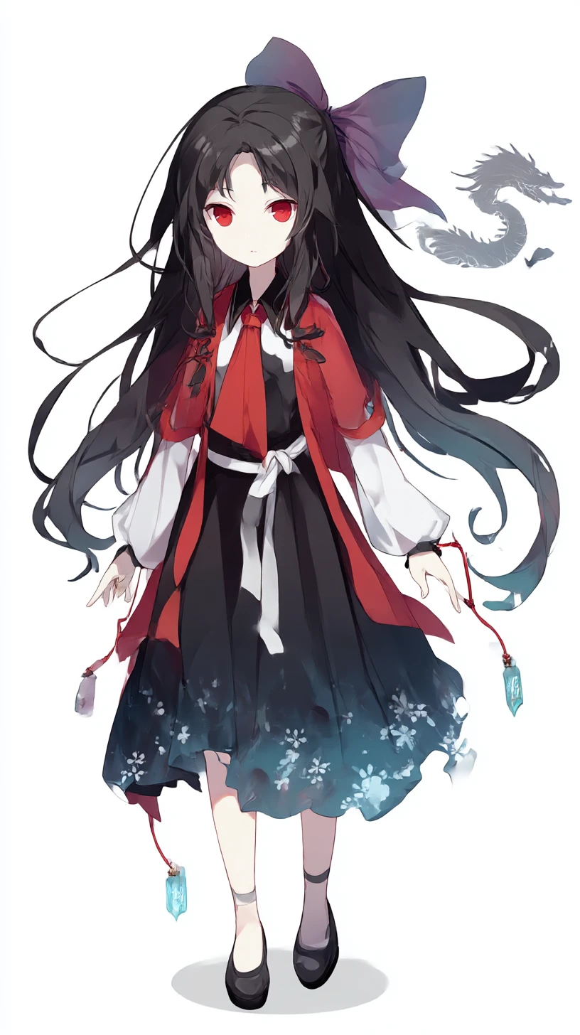 Chica de anime con largo cabello negro y tristes ojos rojos