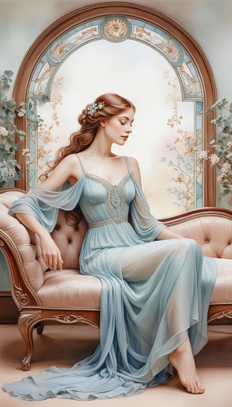 Anmutige Frau ruht auf kunstvoller Jugendstil-Chaiselongue