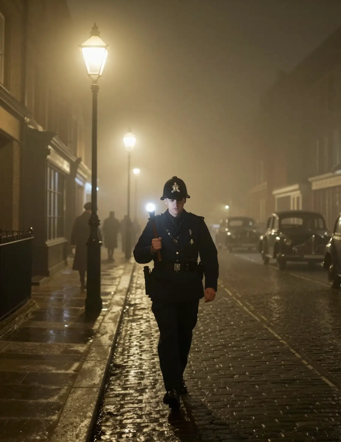 Agente de policía de Londres en densa niebla en una calle nocturna de los años 50