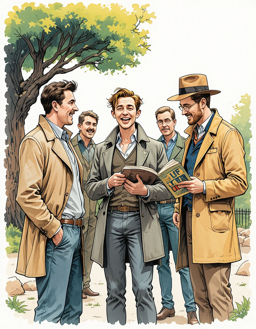 Alegre grupo de hombres conversando en una escena callejera de estilo cómic