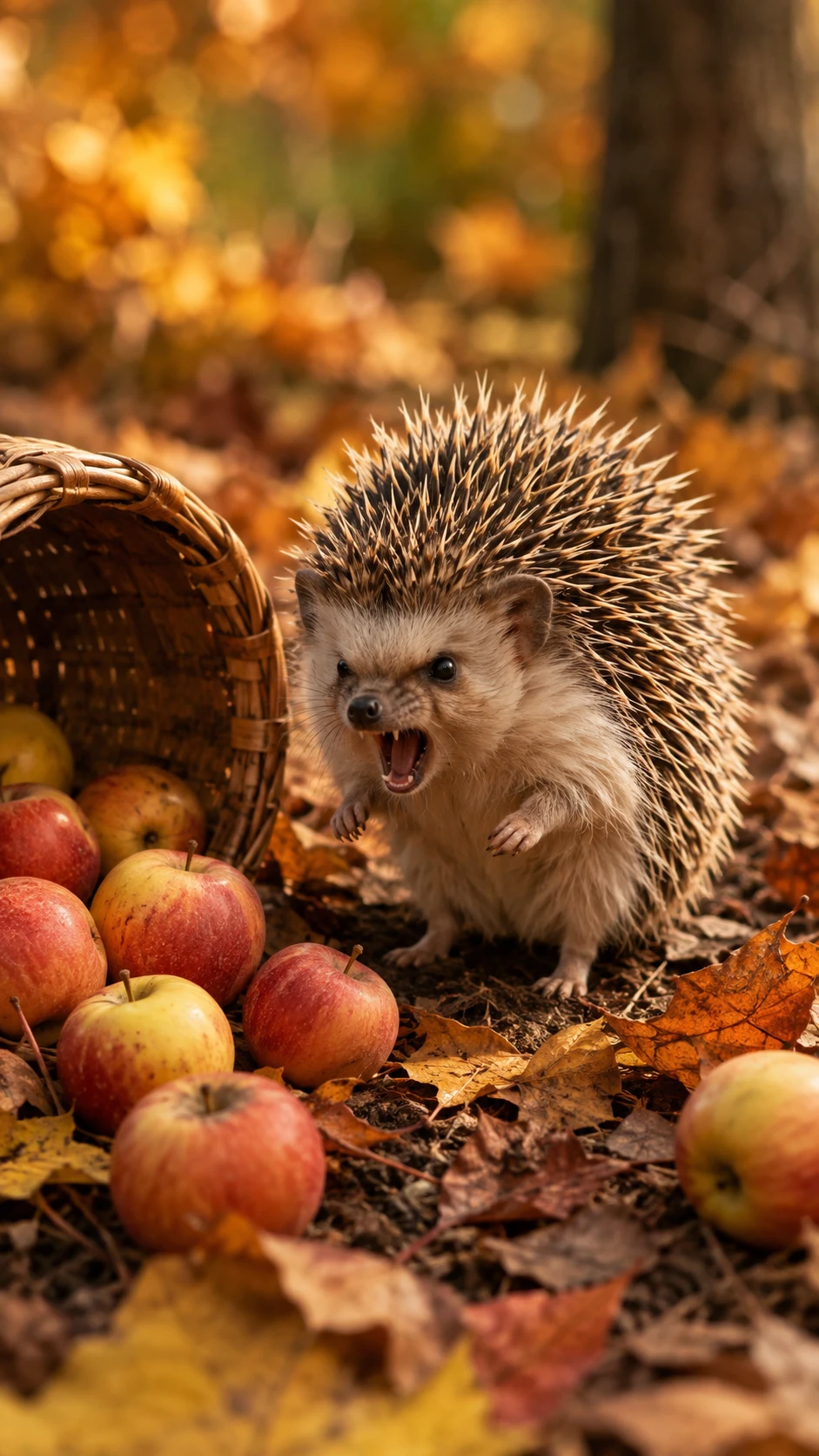 Pequeño erizo junto a manzanas otoñales derramadas en un bosque