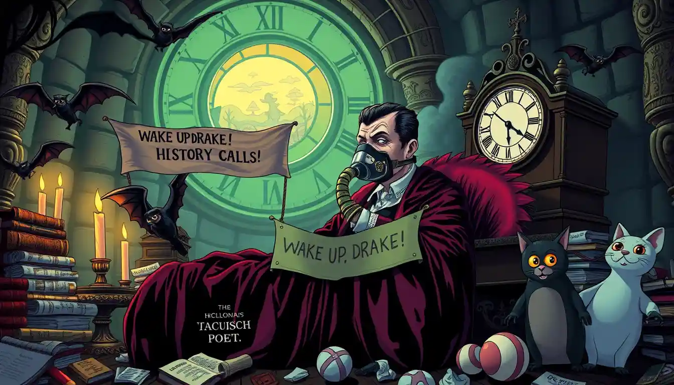 Insomniac vampire with cpap mask in haunted clocktower