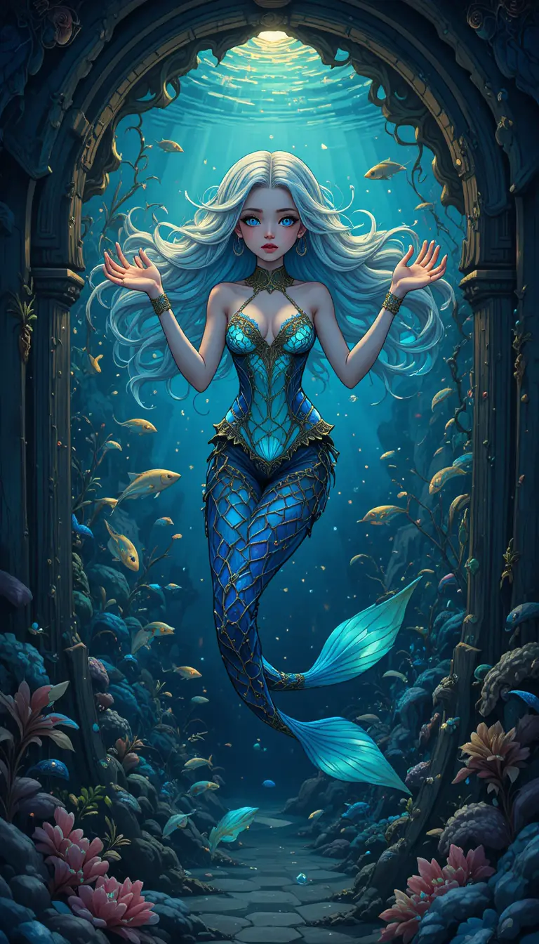 Verspielte Sirene in einer Unterwasser-Art-Nouveau-Grotte
