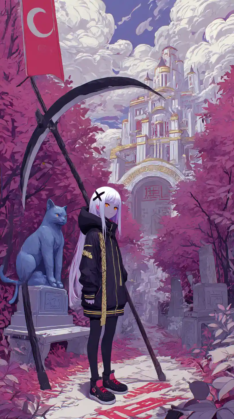 Mundo Púrpura Surreal con Estatua de Gato de Anime y Árboles Negros