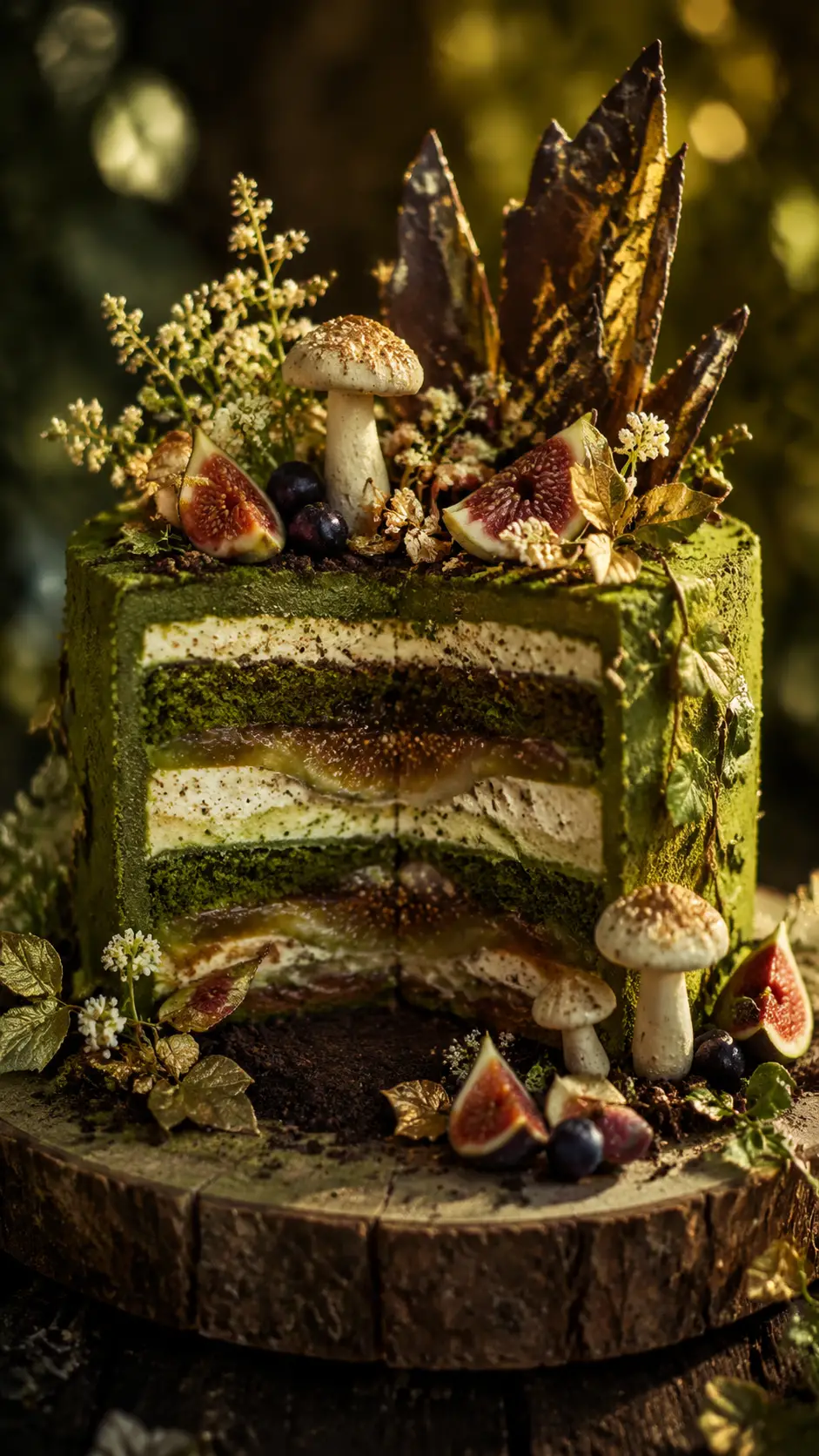 Pastel de matcha de bosque cinematográfico sobre tabla rústica de madera