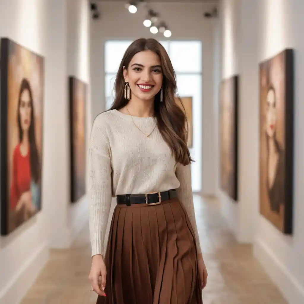 Joven caminando por una galería de arte moderno