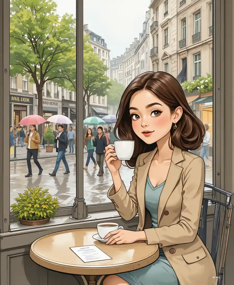 Giovane donna che sorseggia caffè in un café sul marciapiede a Parigi