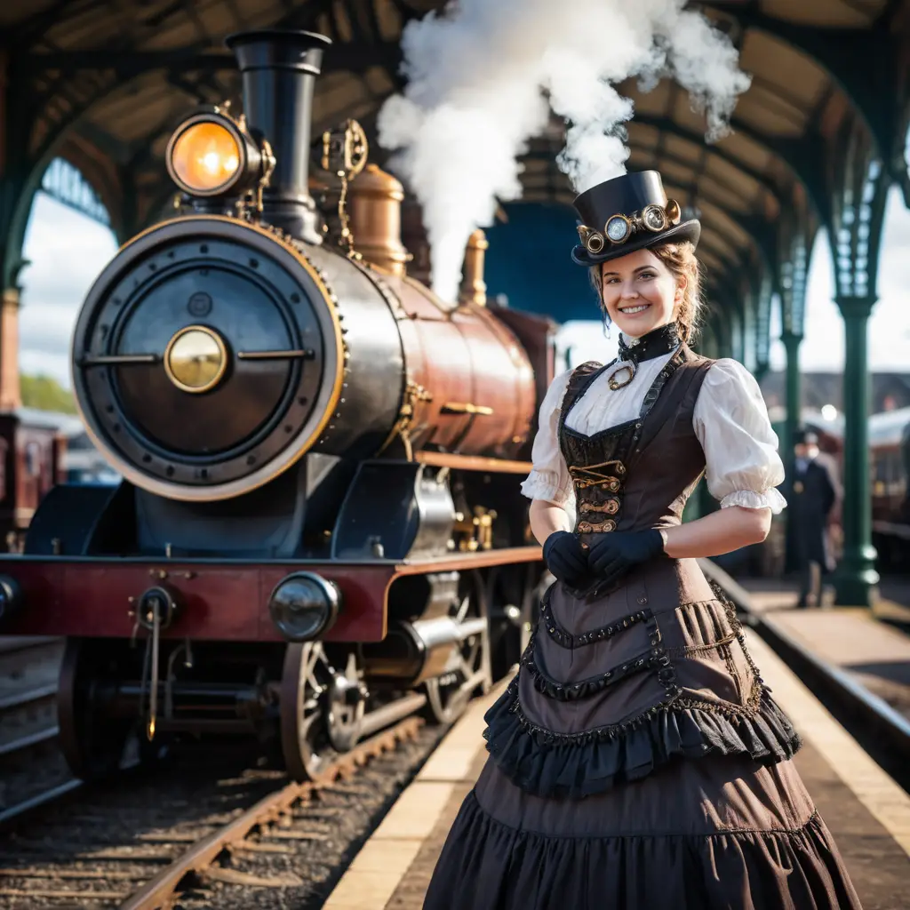 Smiling steampunk woman by a steam engine at station