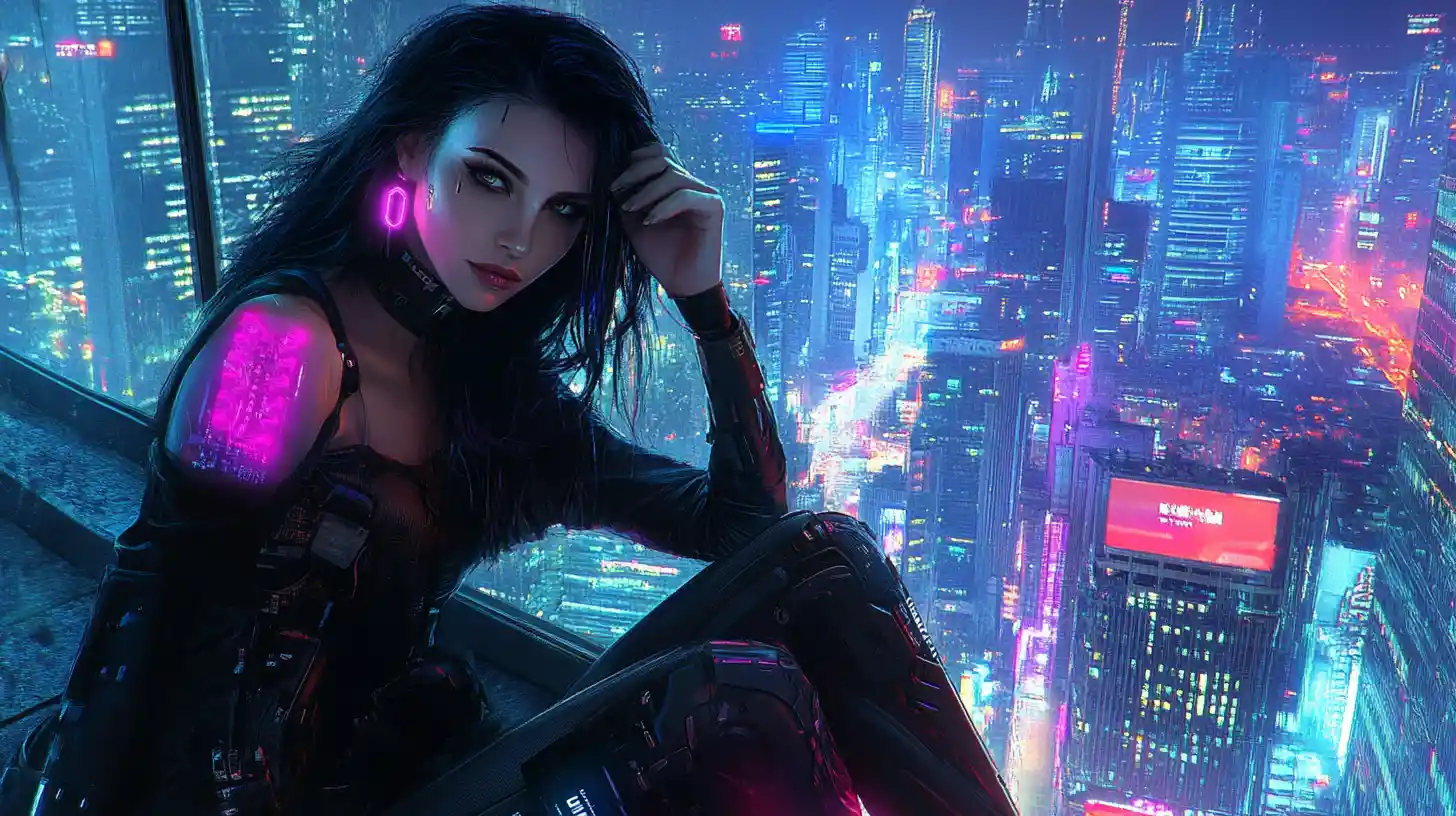Beautiful woman in a neon cyberpunk city love song cover