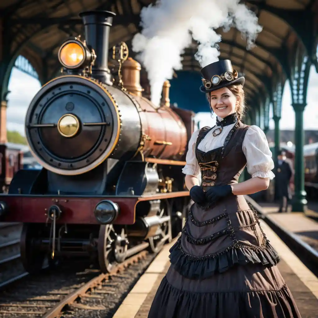 Smiling steampunk woman by a steam engine at station
