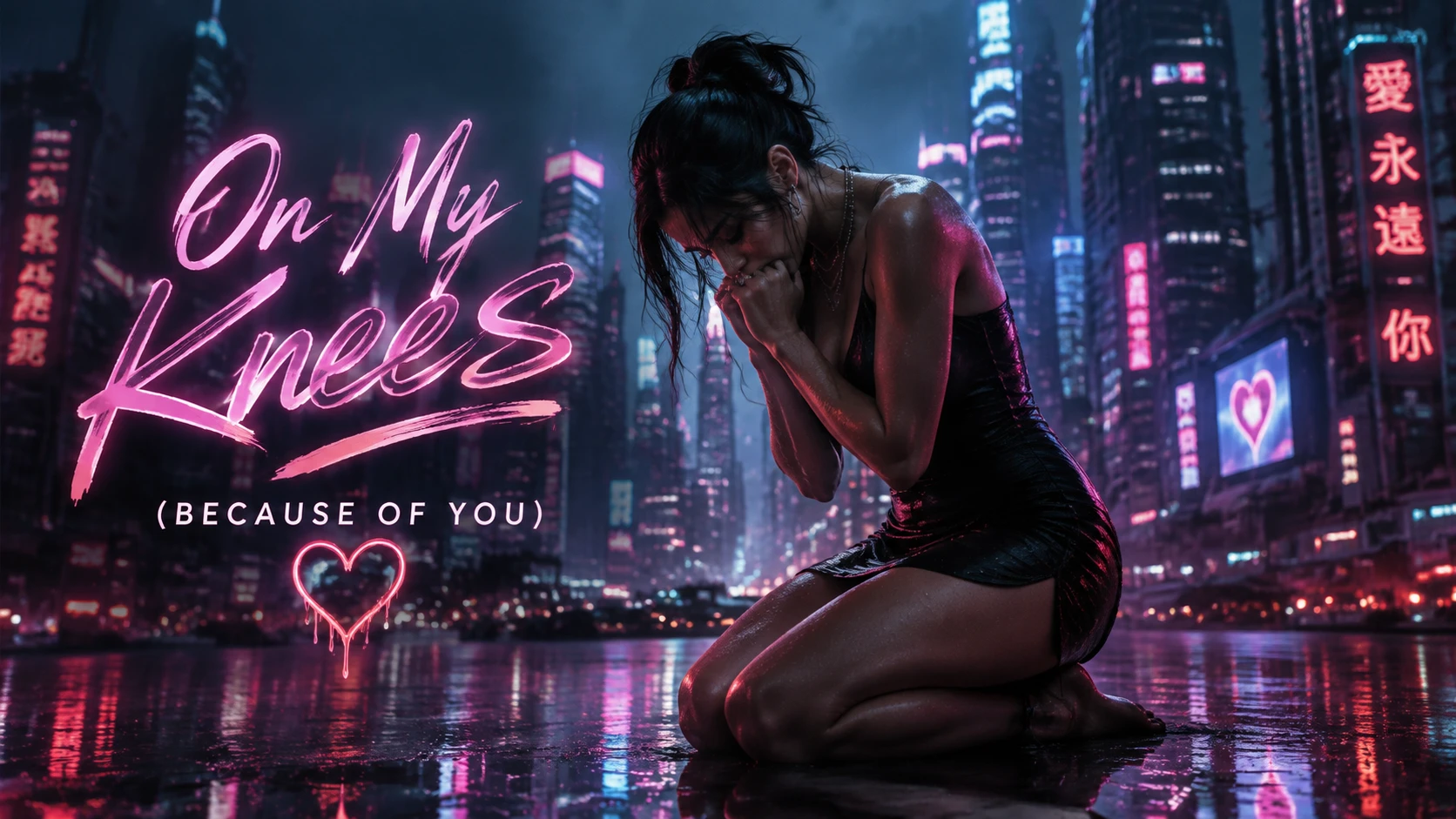 Mujer hermosa en una ciudad cyberpunk de neón por la noche