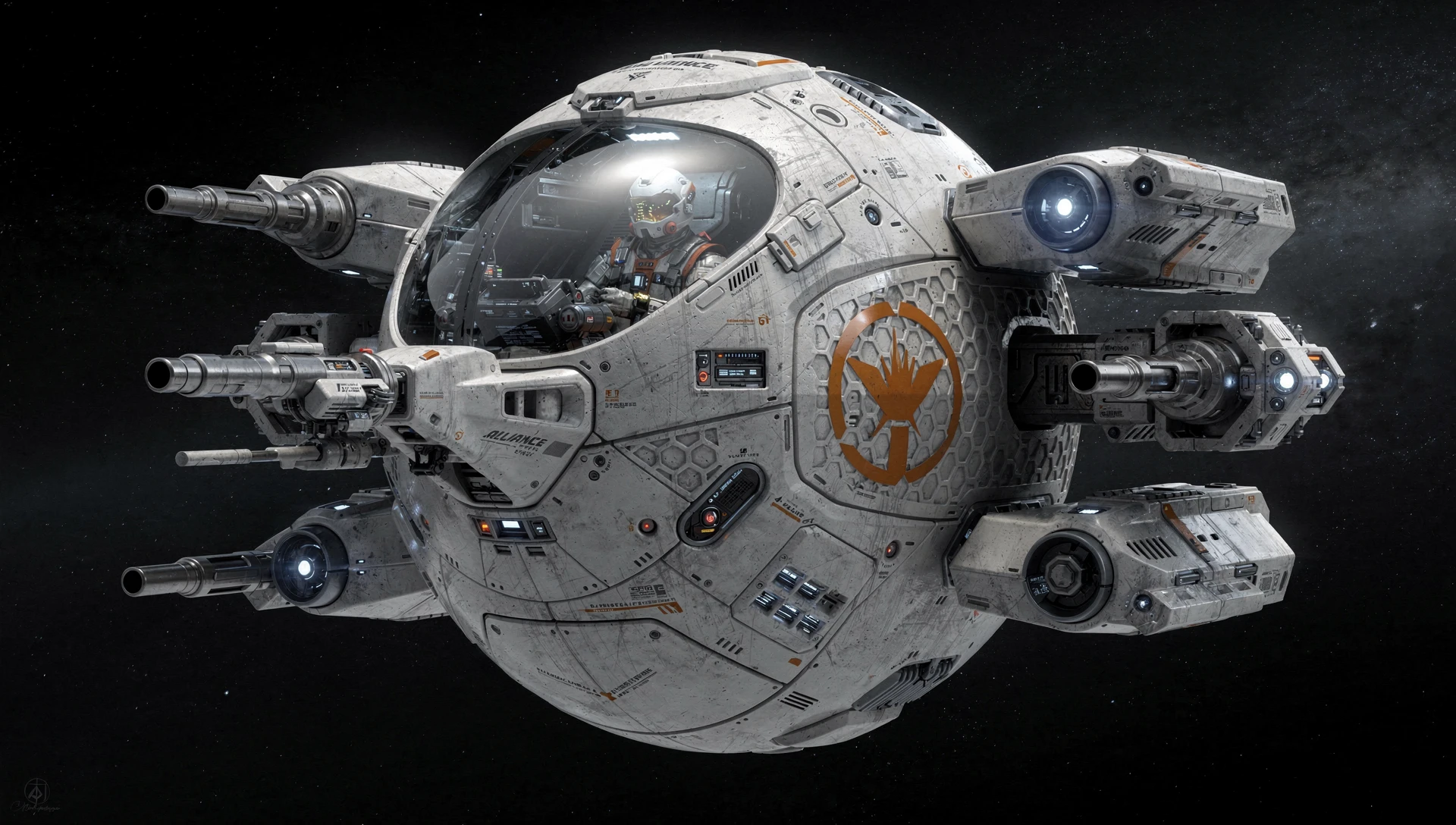 Caza espacial esférico monoplaza con cabina de piloto visible
