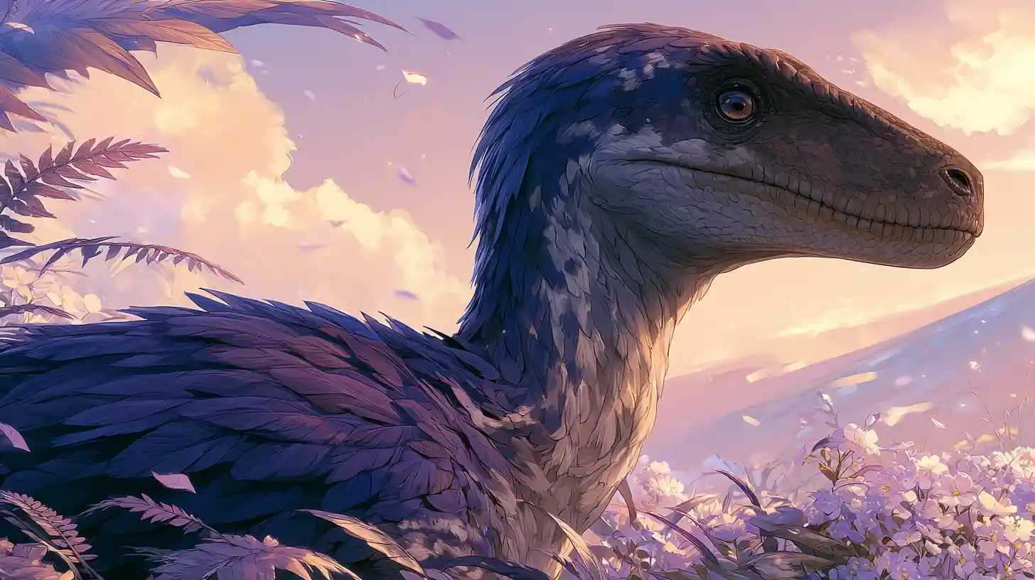 Feathered anime velociraptor portrait with soft gentle lighting