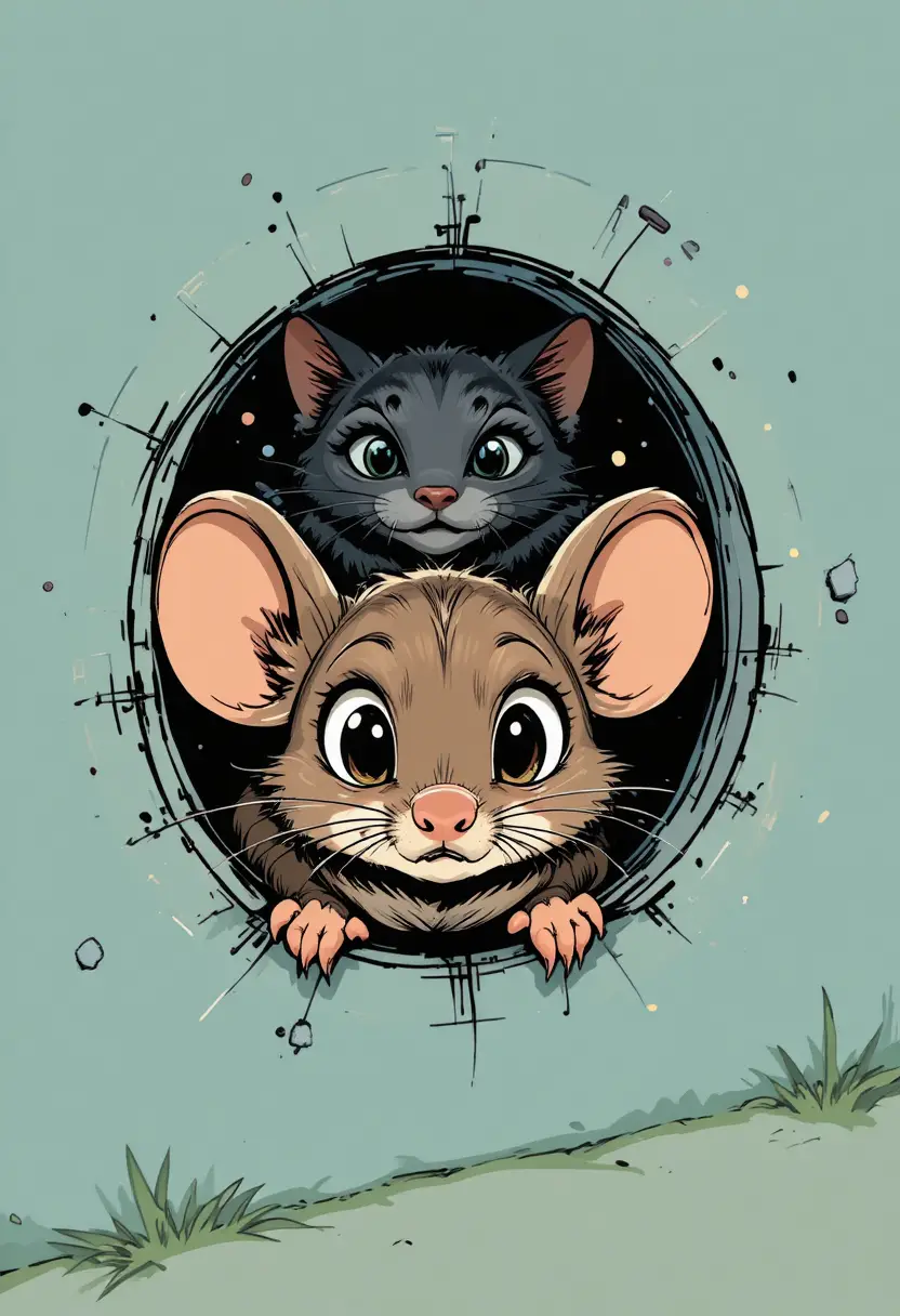 Ratón adorable asomándose del muro mientras un gato al acecho observa cerca