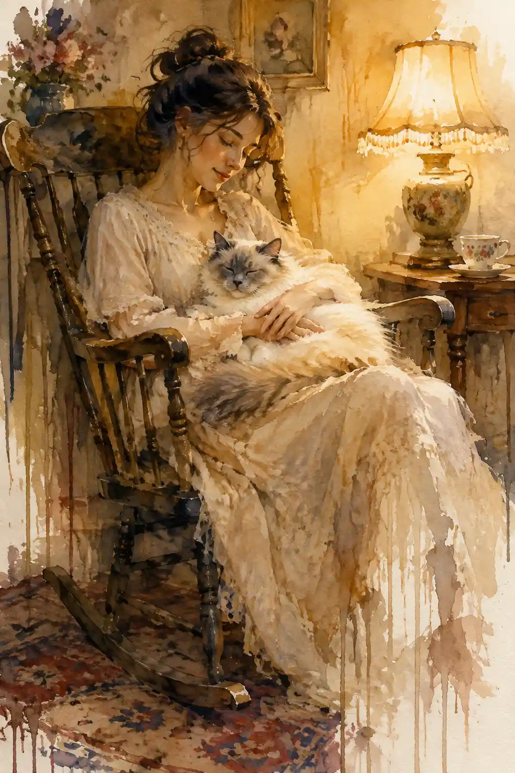 Serene Woman With Cat In A Cozy Watercolor Interior