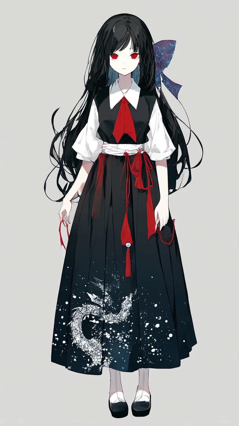 Chica de anime con ojos rojos tristes y largo cabello negro