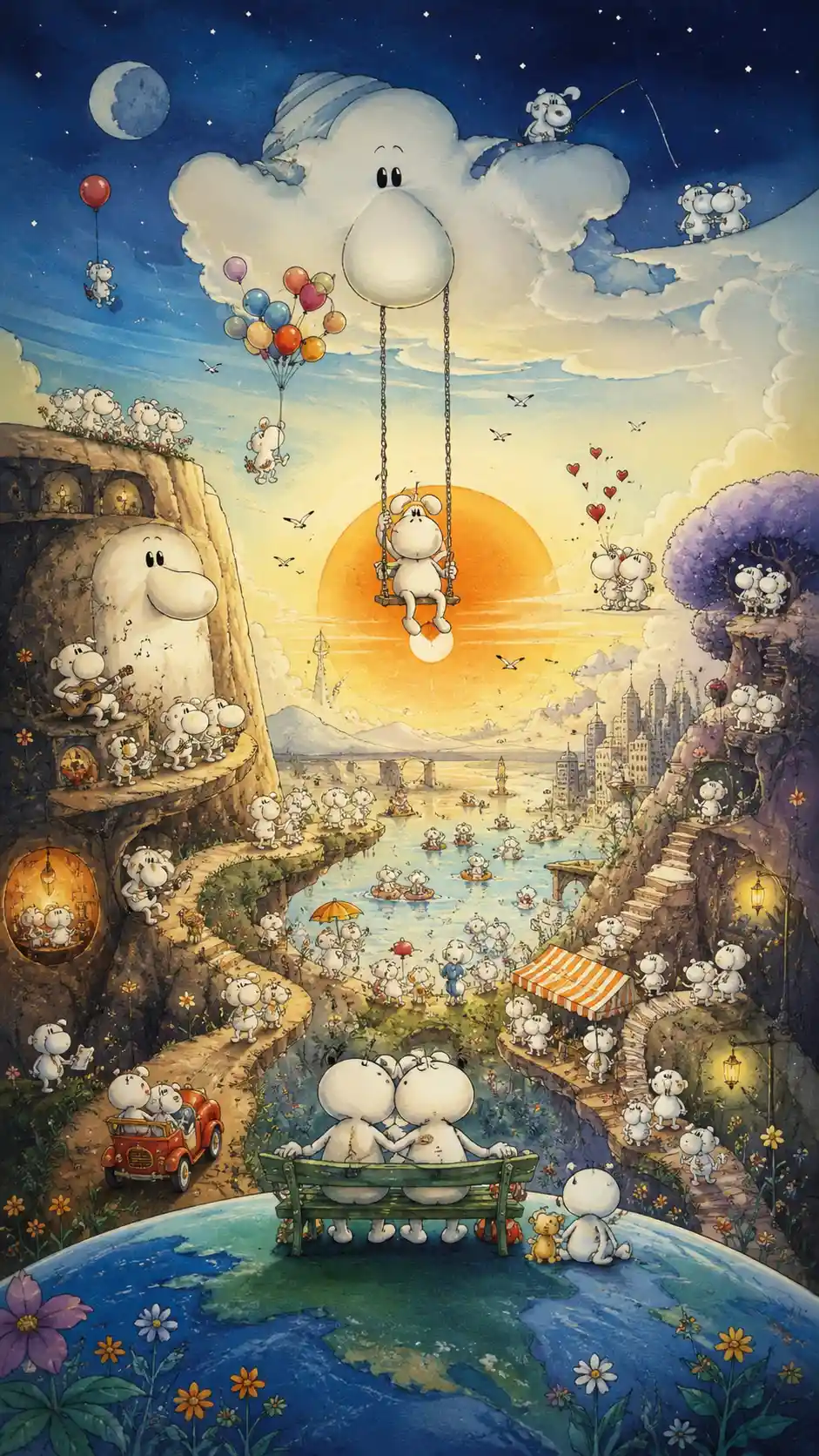 Epic digital illustration inspired by emotional Mordillo style