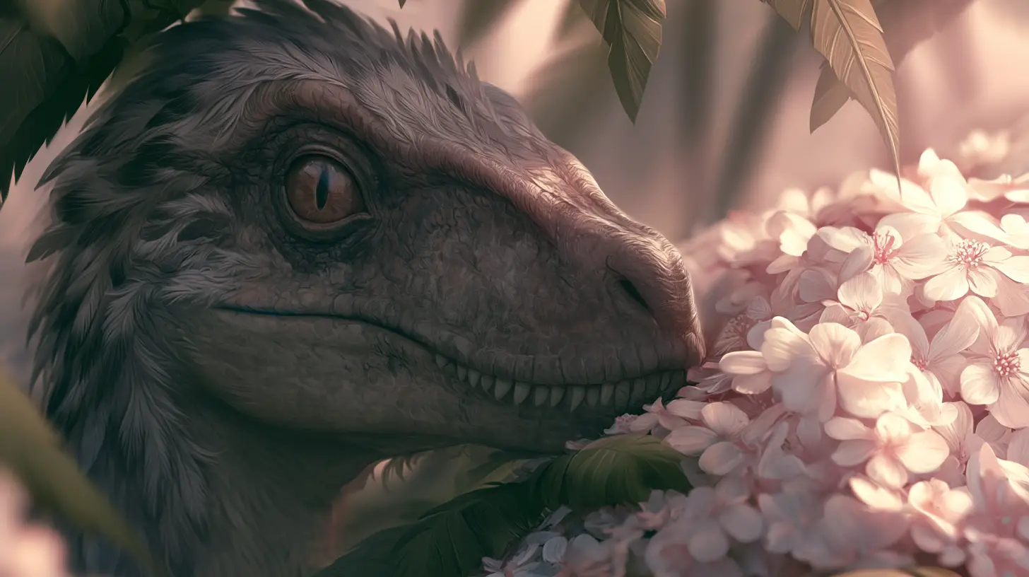 Velociraptor piumato mimetizzato tra i fiori della giungla