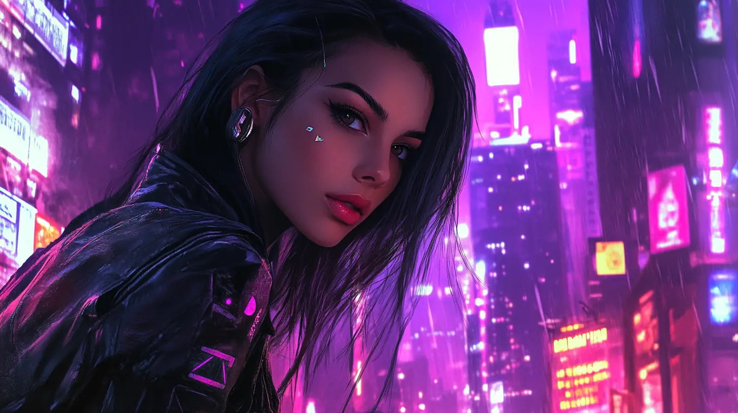 Mulher bonita em uma cidade cyberpunk para capa de música romântica