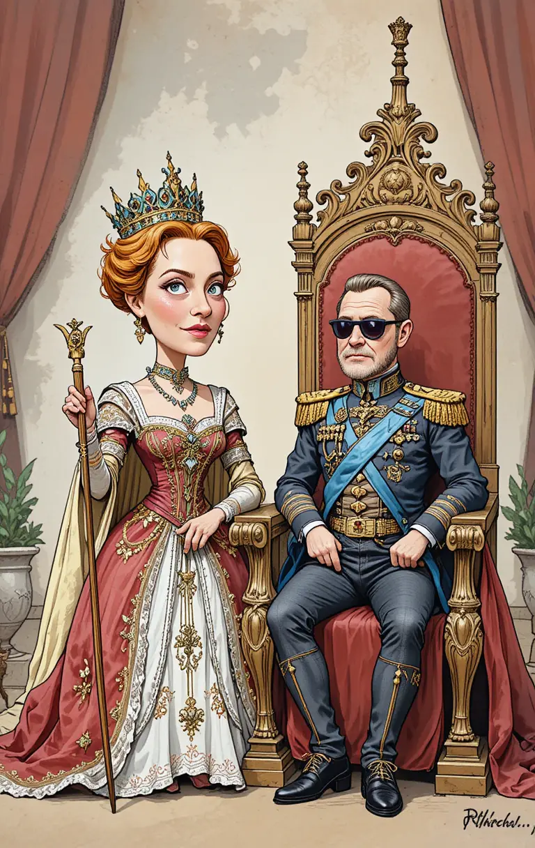 Humorvolle Cartoon-Königin schimpft mit kleinem König auf dem Thron