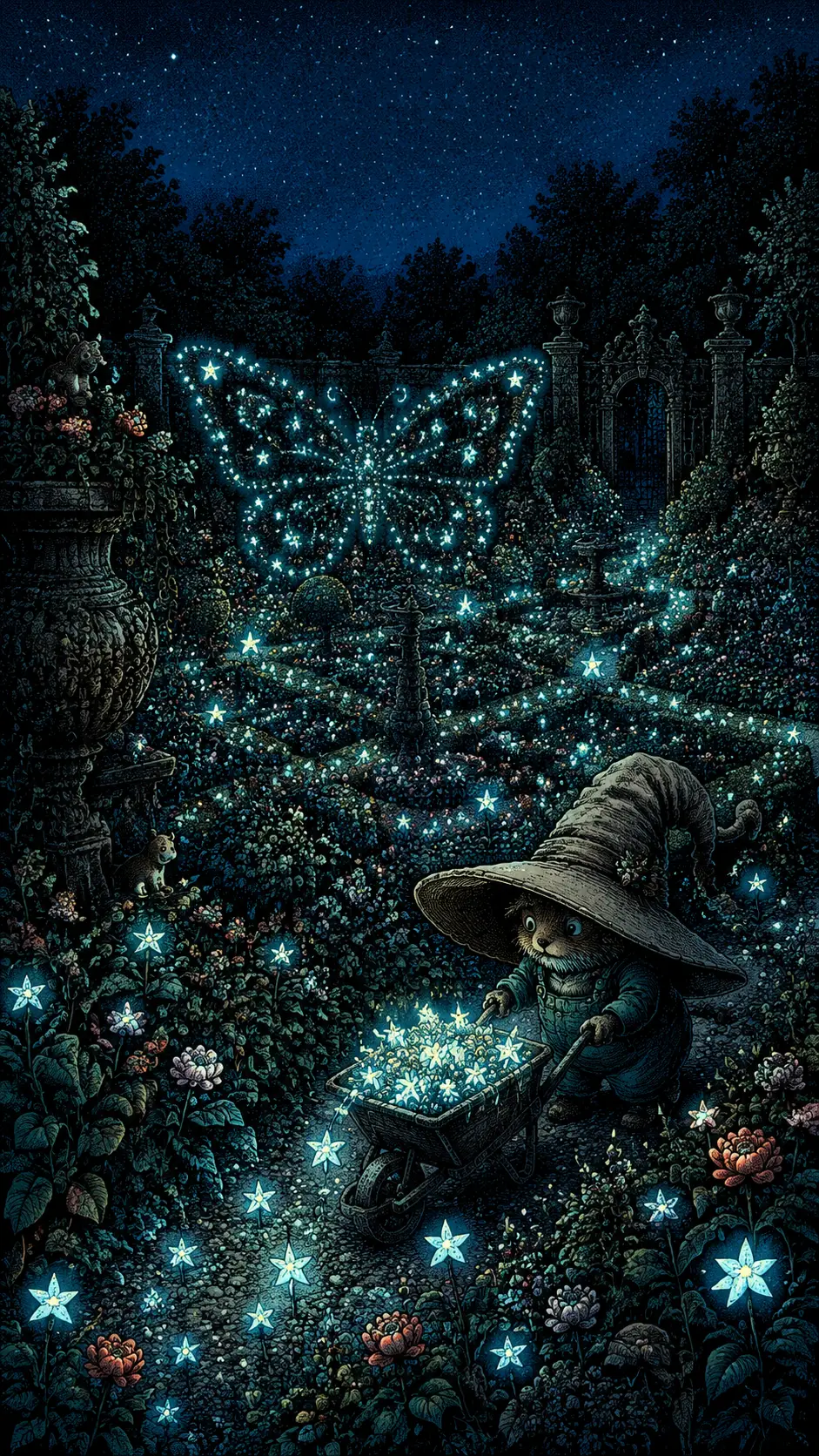 Tiny fantasy gardener in an overgrown star filled garden