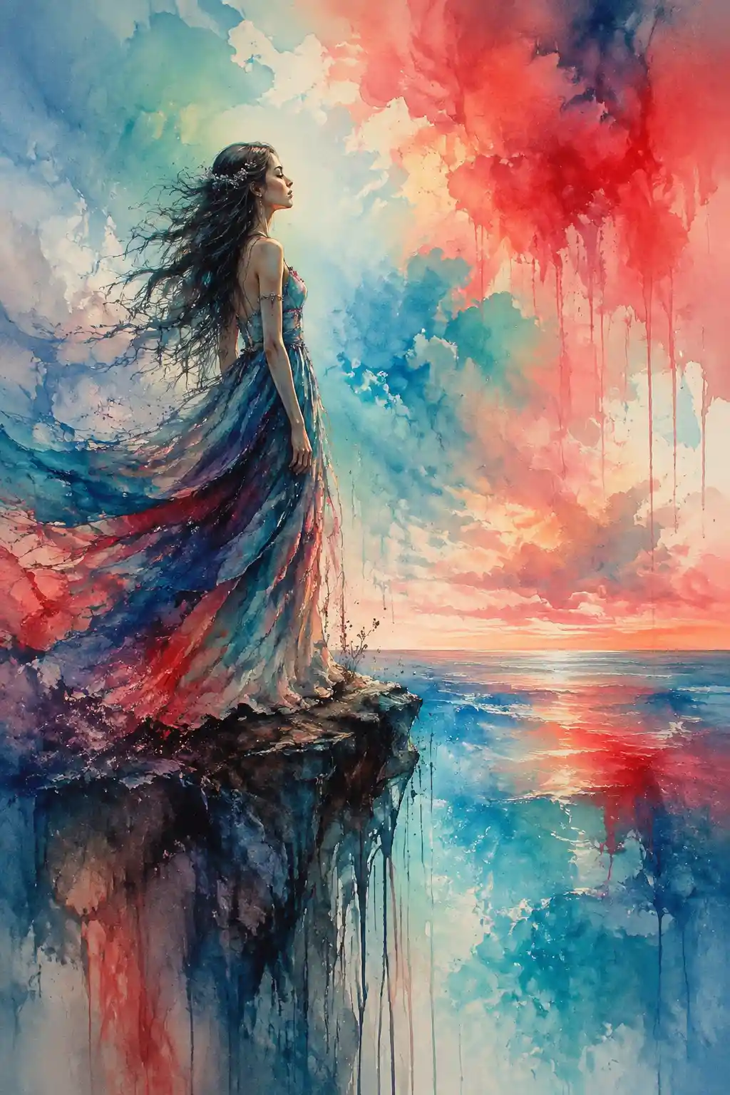 Dreamlike watercolor woman on cliffside above swirling sea