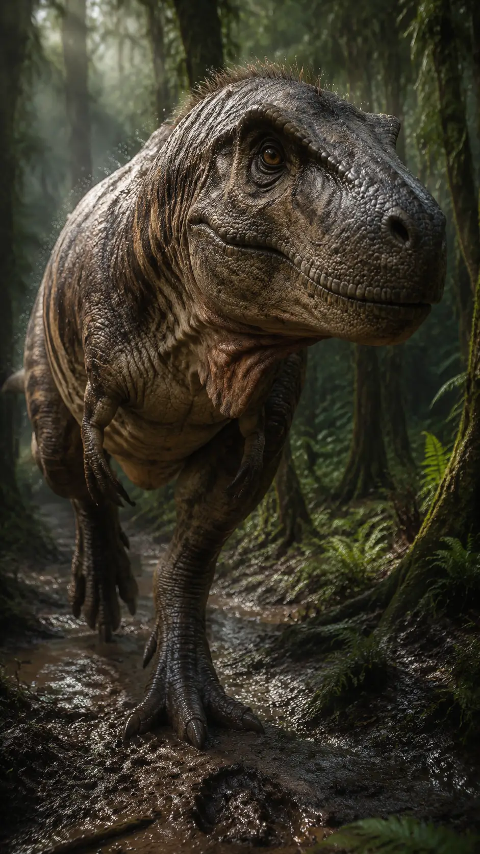 Tirannosauro rex realistico che cammina in una foresta umida