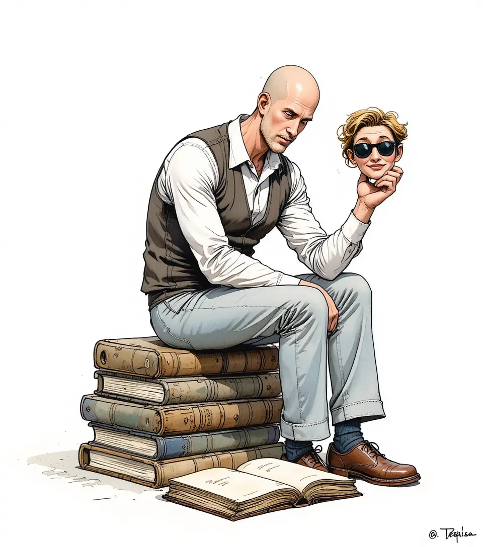 Kopfloser Mann sitzt auf alten Büchern und hält seinen eigenen Kopf