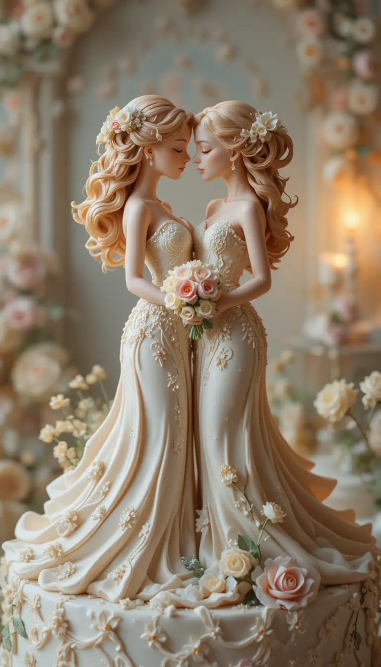 Escultura romántica de pastel de boda con dos mujeres enamoradas