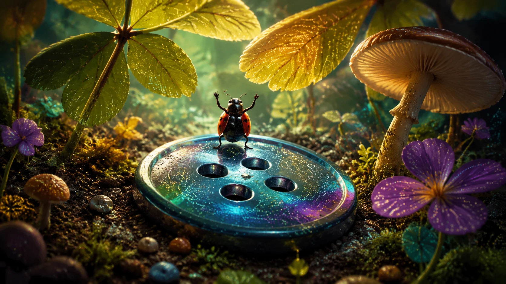 Minúsculo besouro de pé triunfante sobre um botão gigante