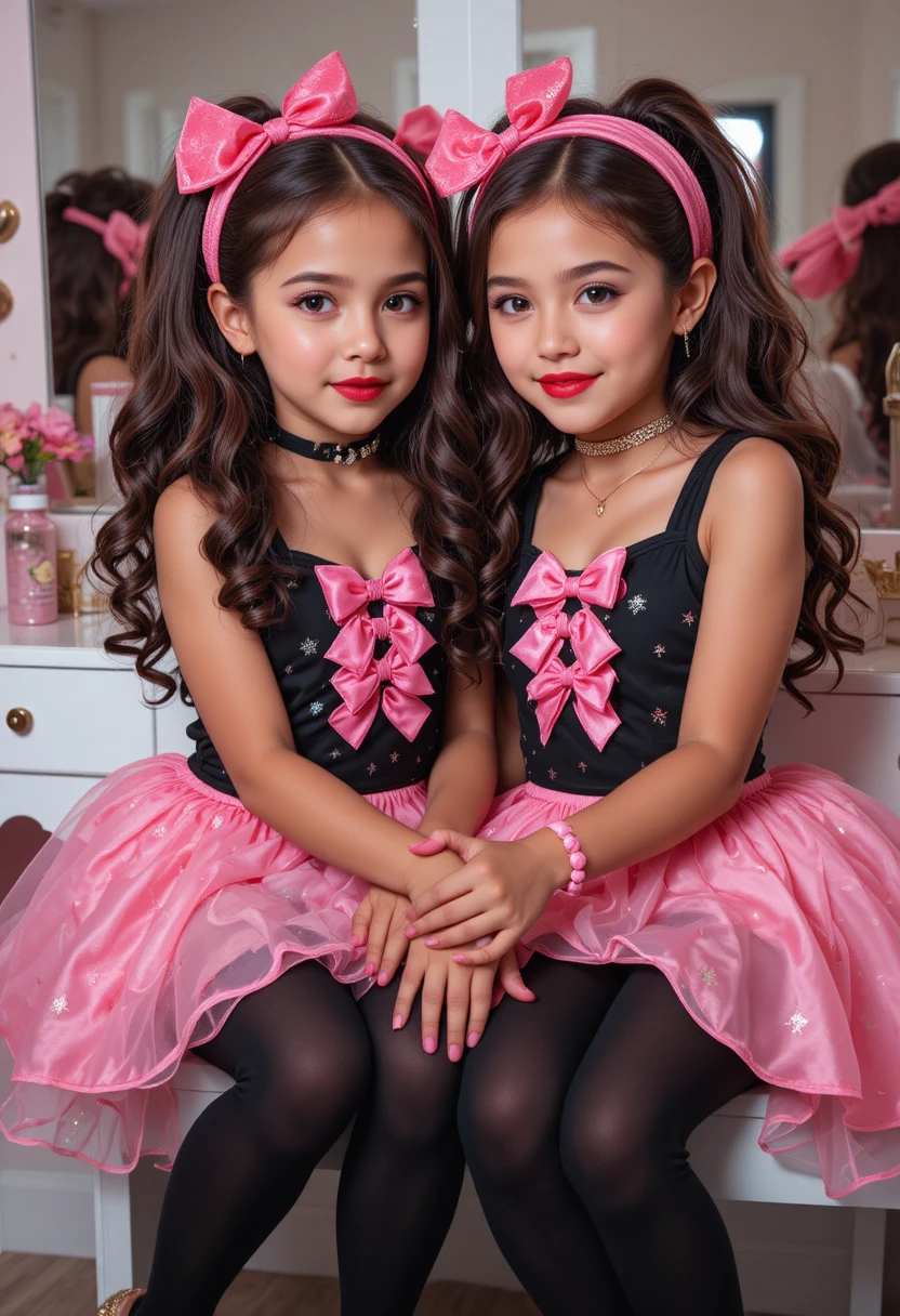 Hermanos juguetones con vestidos rosa de estrellas a juego frente al tocador