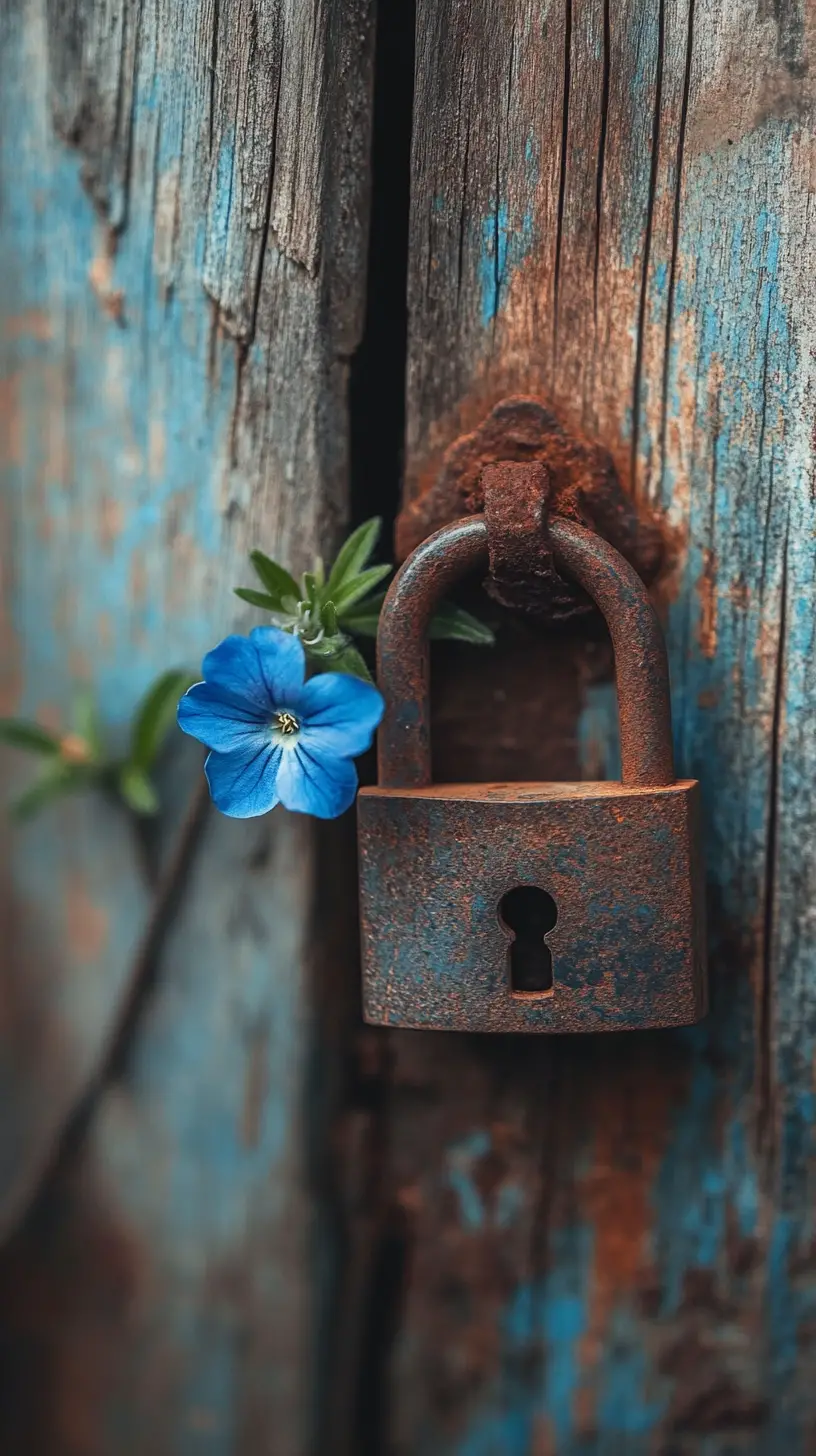 Candado oxidado y pequeña flor azul en portón de madera