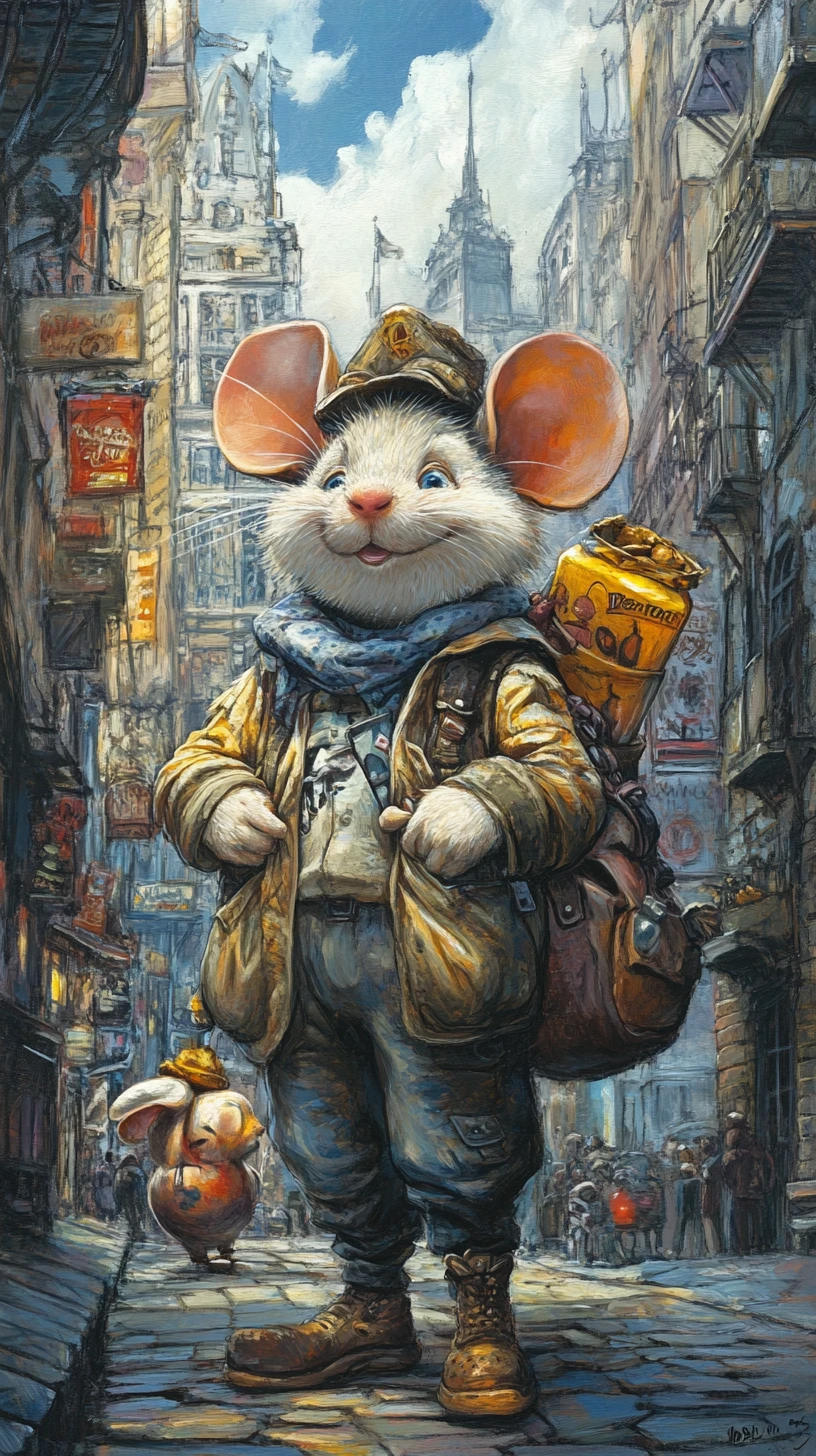 Personnages de souris cartoon explorant une rue de ville lumineuse