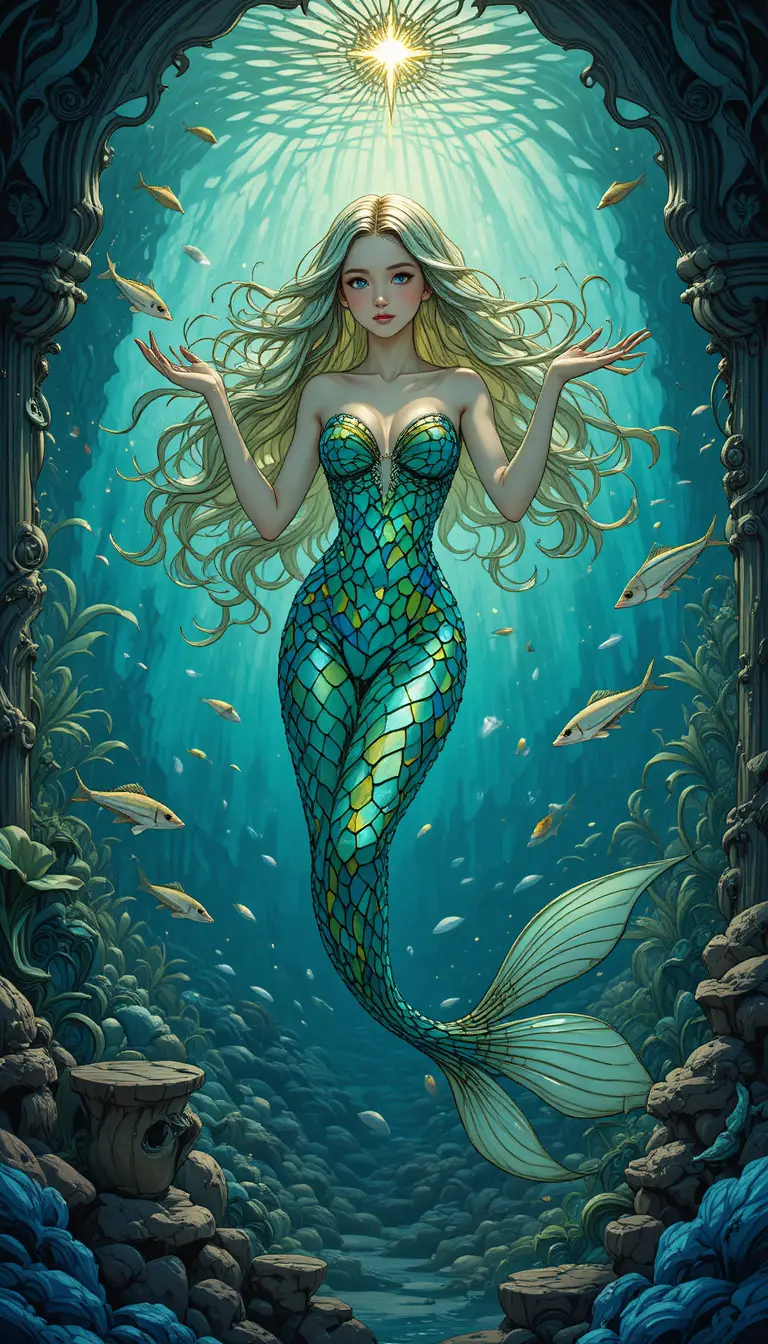 Mystische Sirene in einer Jugendstil-Unterwassergrotte