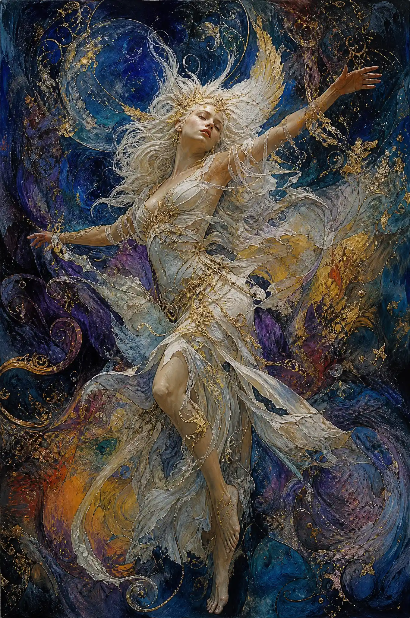 Mujer angelical bailando en remolinos azules en una pintura al óleo surrealista