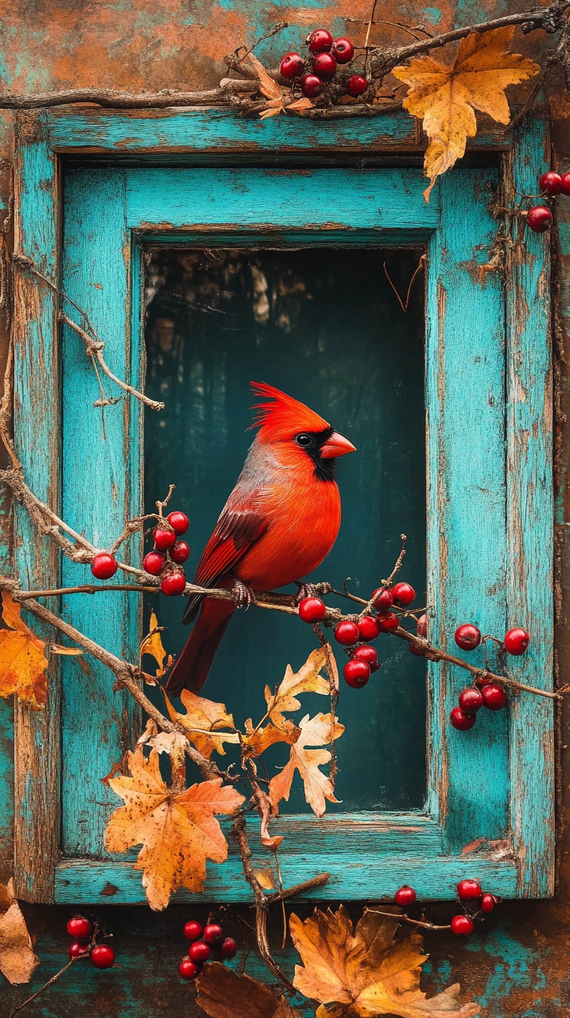 Pájaro rojo en una rama junto a una vieja ventana turquesa